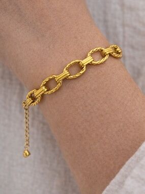 Gold Tone Rope Link Bracelet Stainless Steel 8in + Extender Chunky Chain